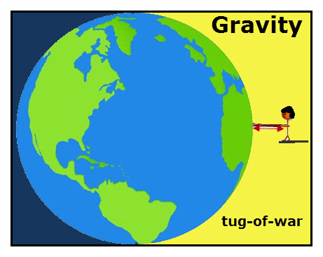 The gravity diagram models the action-reaction forces of gravity between Earth and a person. While the forces are equal the masses of two objects vary greatly, with Earth being the winner with the larger mass.