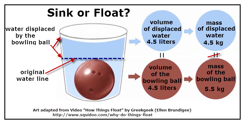 The density of a twelve pound bowling ball is greater than that of water, thus the ball sinks in water.
