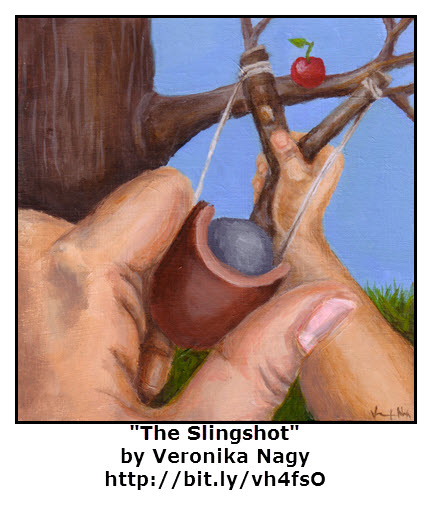 An artist's portrayal of a girl with a homemade slingshot. A rock will be slung toward an apple on a tree branch.