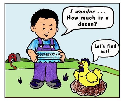 A conversation between about boy and a chicken about how much a dozen is.