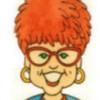 Caricature of Janice VanCleave, short red hair and red framed glasses.