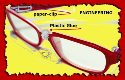 Engineering project of attaching bridge of eye glasses together using a hot glue gun.  